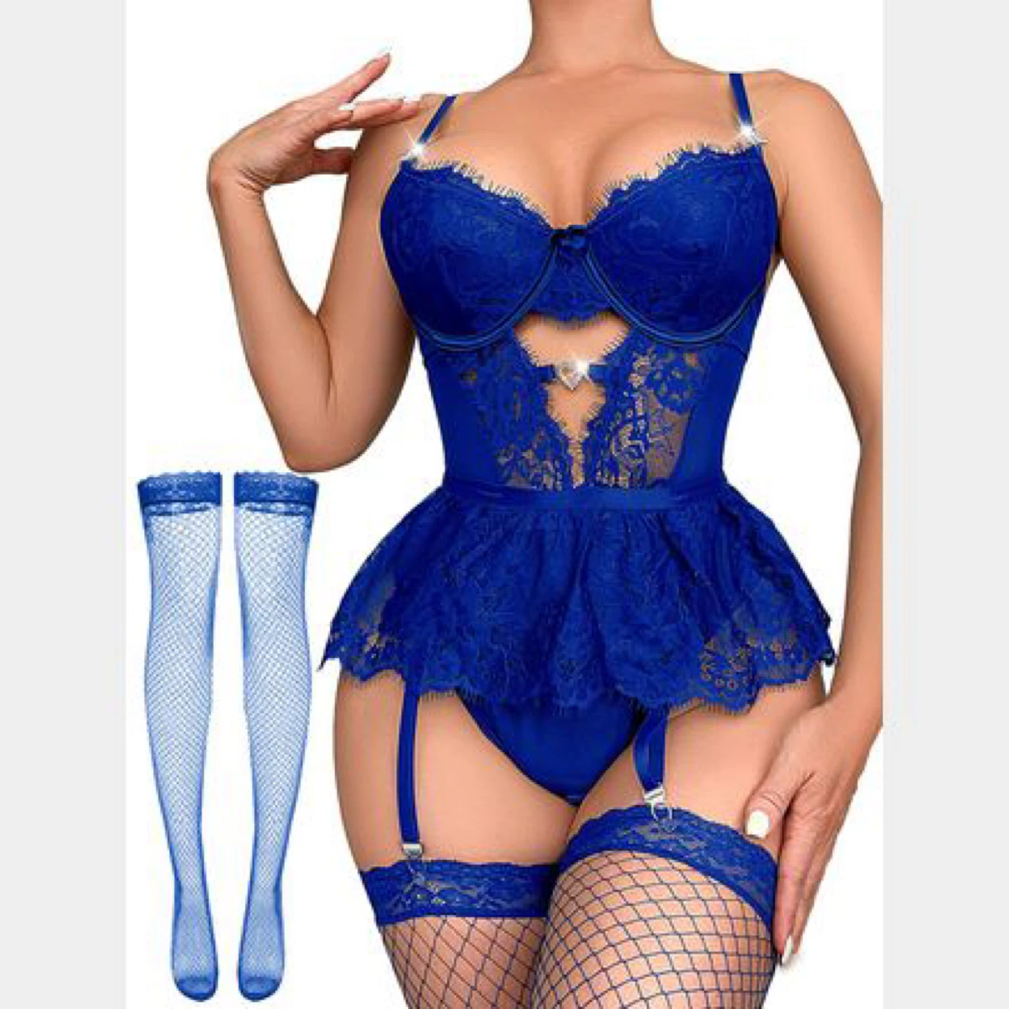 Blue Lace Teddy and Fishnet Stockings Set