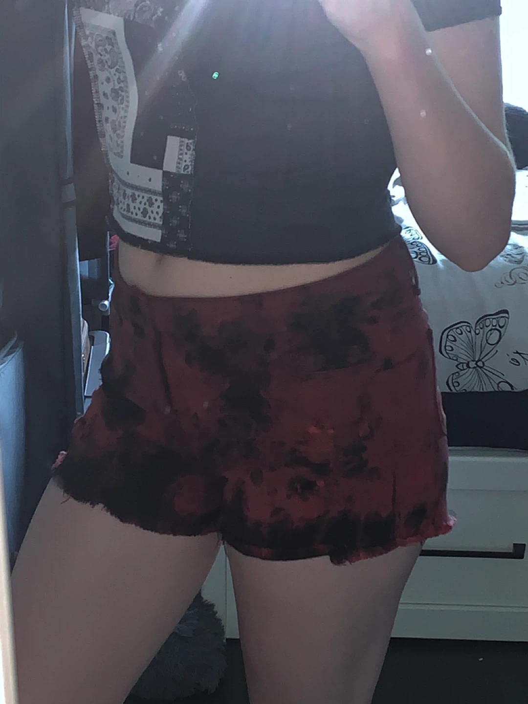 Red and black Tie dye distressed Mini shorts-low rise