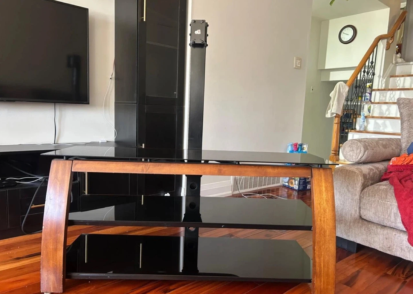 TV Stand with Glass Shelves and Wood Frame