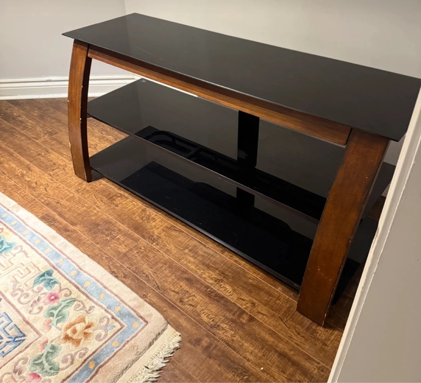 TV Stand with Glass Shelves and Wood Frame - photo 3