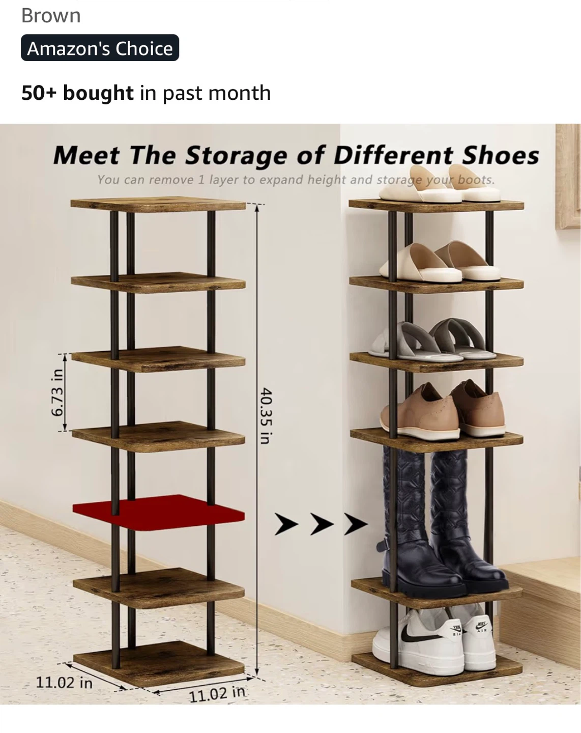Brown 5-Tier Shoe Rack with Removable Layer