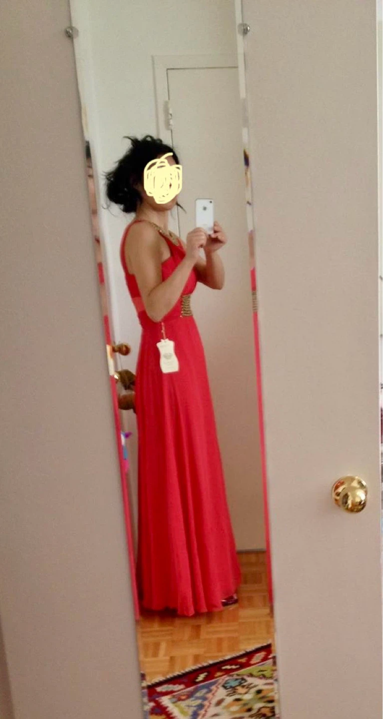 Salmon color Chiffon Gown with Gold Embellishments - photo 5
