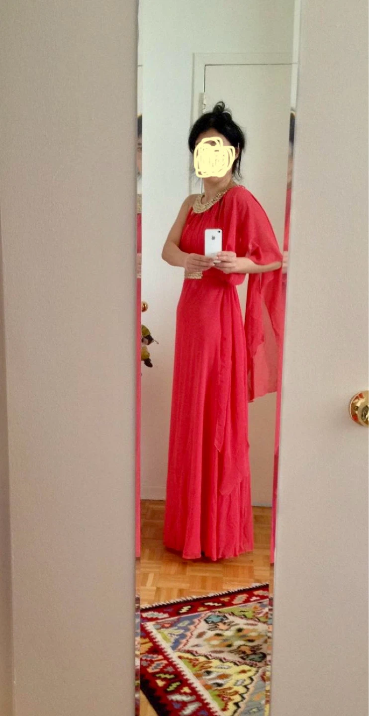 Salmon color Chiffon Gown with Gold Embellishments - photo 4