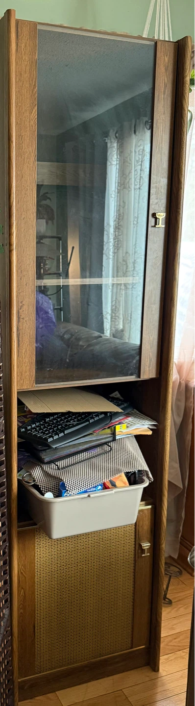Tall cabinet with glass door and working lights.