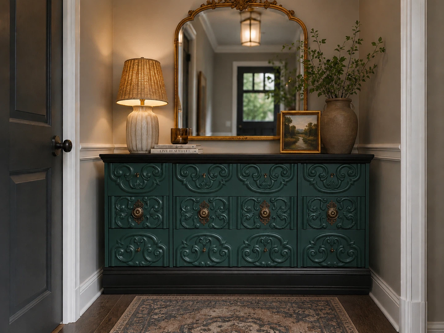 Green Dresser with Ornate Detailing and Floral Linings - photo 3