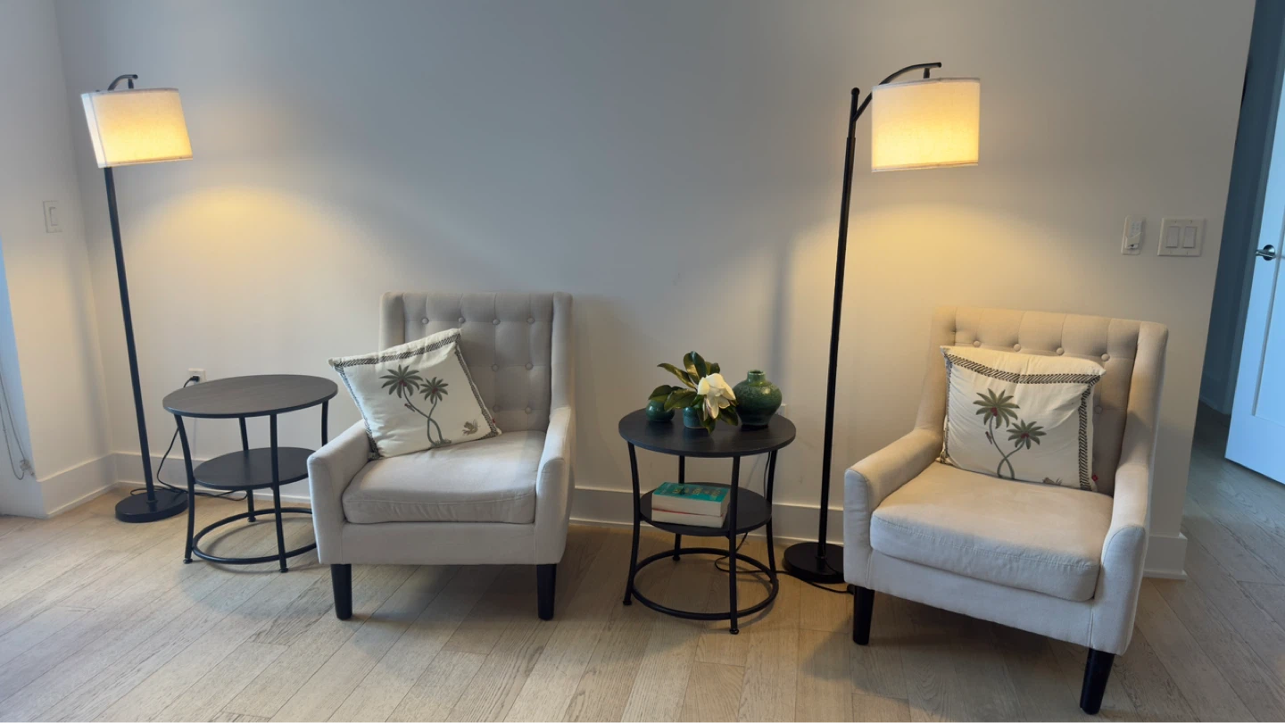Set of 2 accent chairs, pillows, lamps, tables