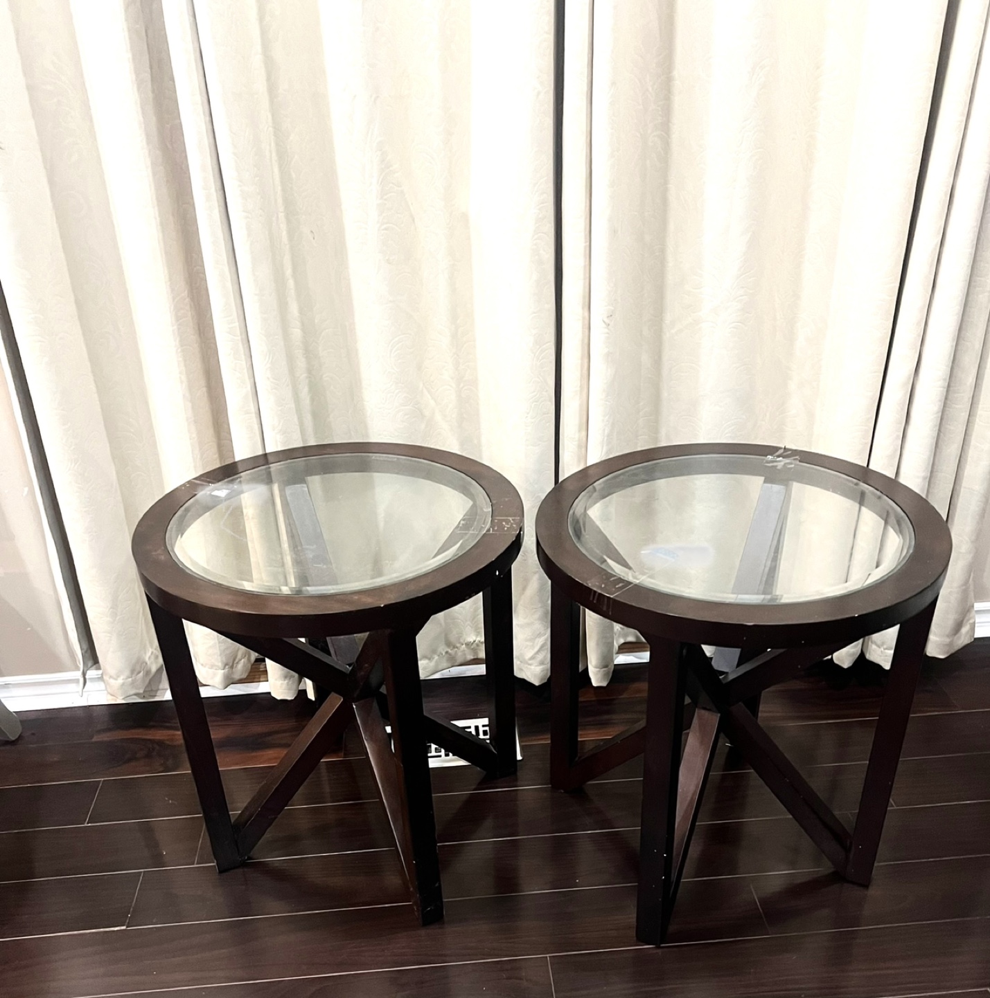 Set of 2 round glass top end tables