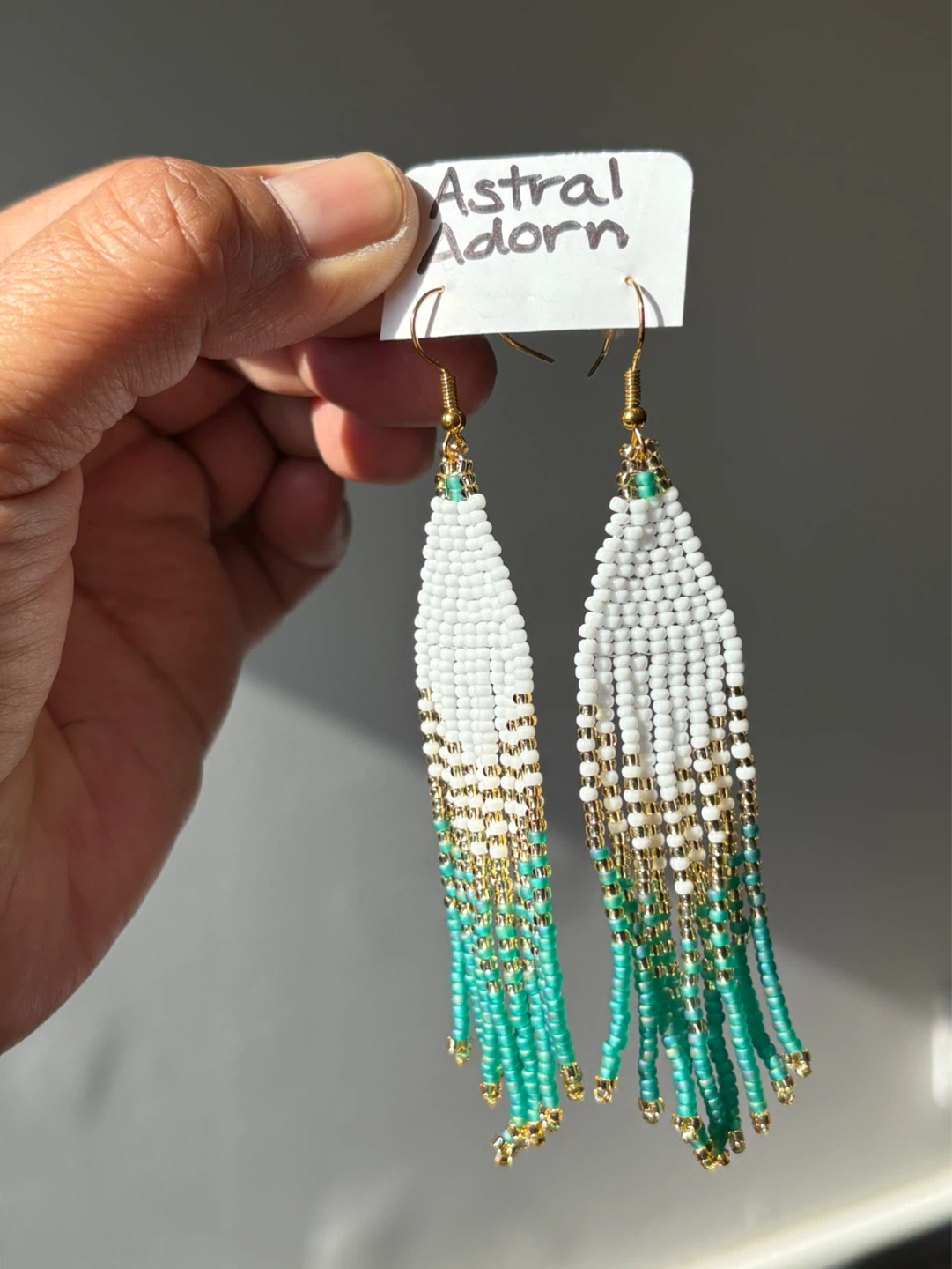 Astral Adorn White & Teal Beaded Fringe Earrings