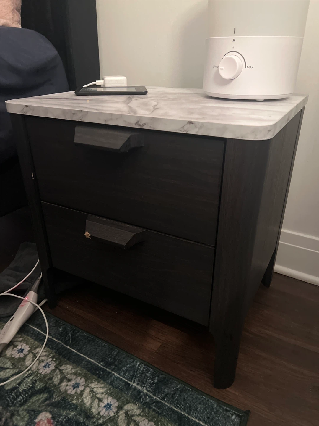 Dark Wood Nightstand with Faux Marble Top