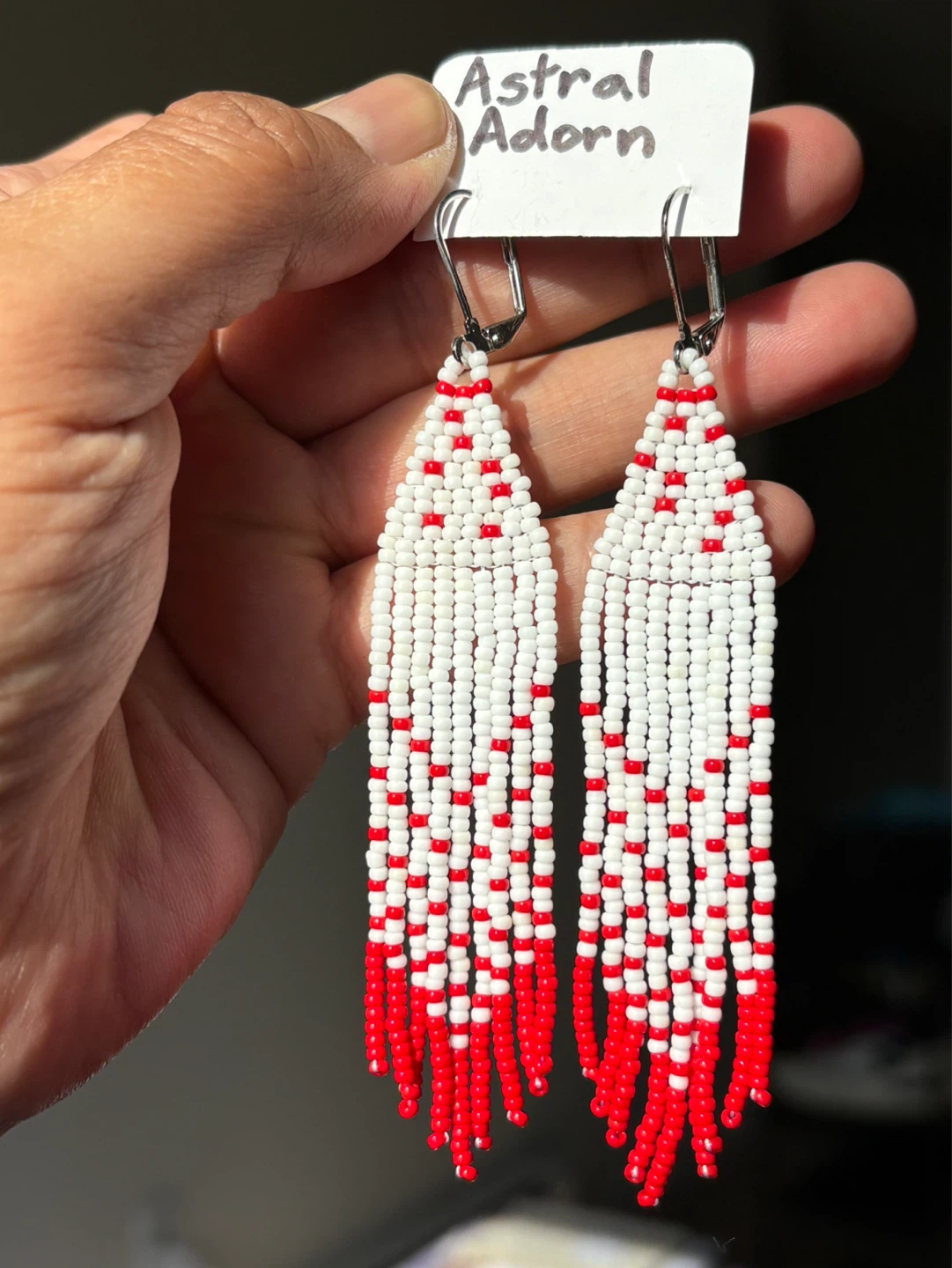 Astral Adorn beaded fringe earrings white & red