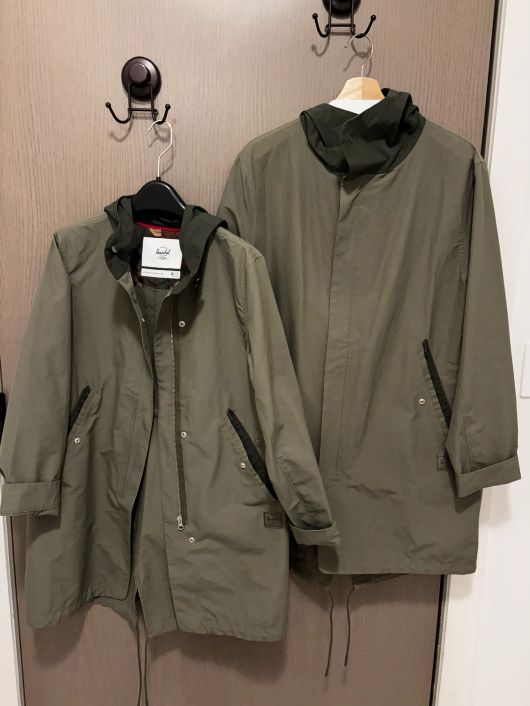 His & Hers Herschel Olive Green Parka Jackets