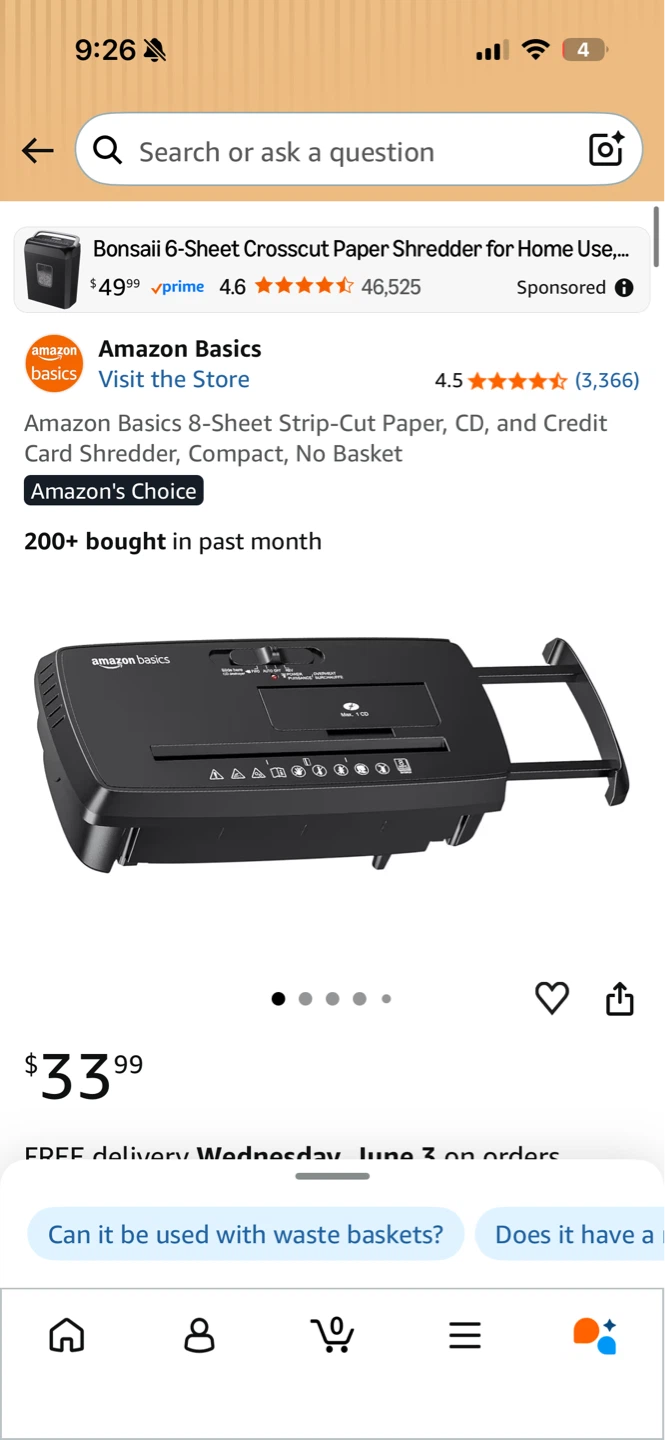 Amazon Basics 8-Sheet Strip-Cut Paper Shredder
