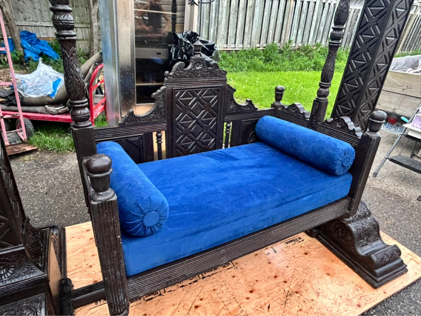 Ornate Wooden Indoor/Outdoor Swing Chair with Blue Cushion - photo 4