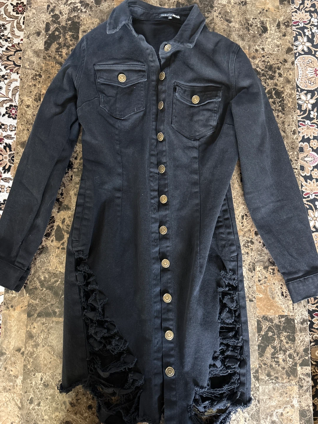 Fashion Nova Black Denim Distressed Button-Up Dress