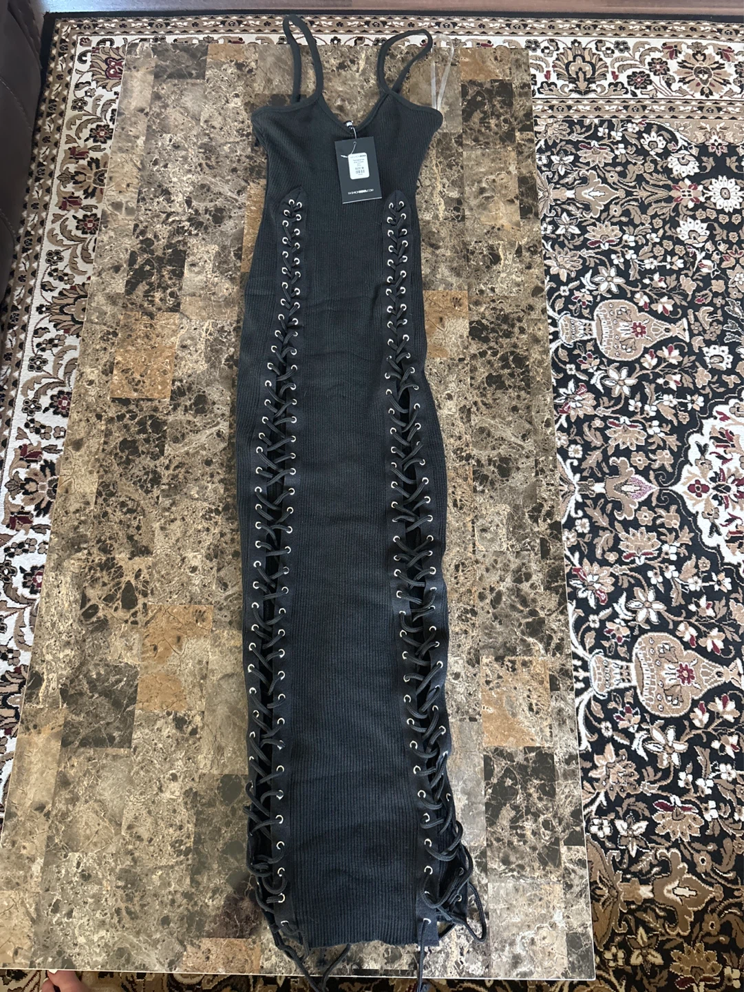 Fashion Nova Black Lace-Up Ribbed Midi Dress