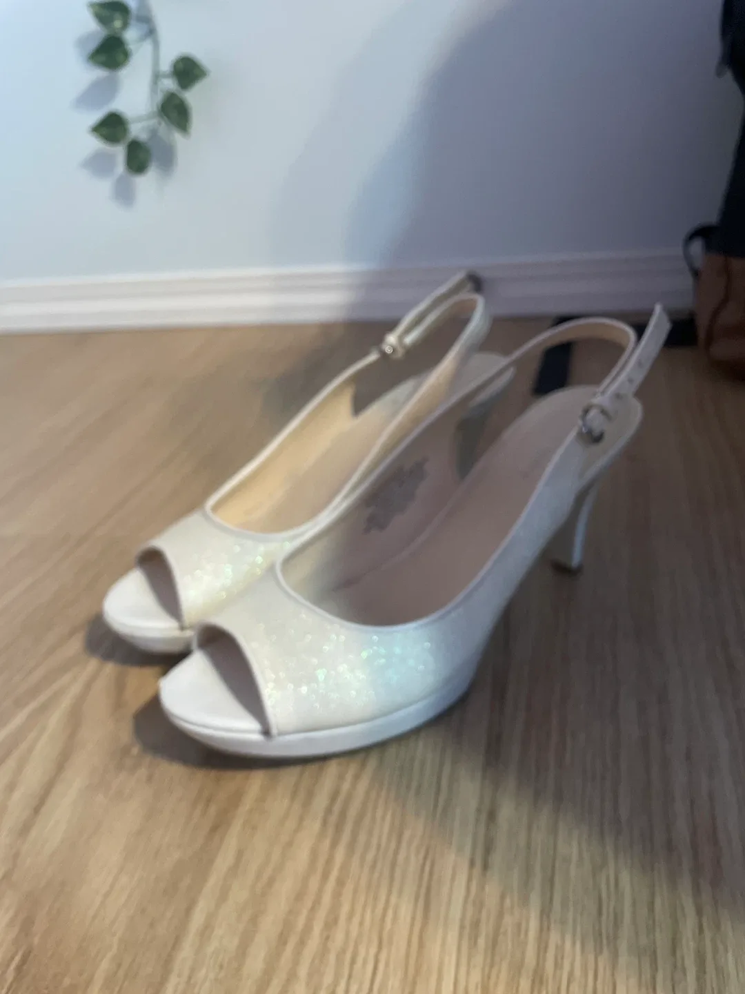 White Slingback Heels with Glitter