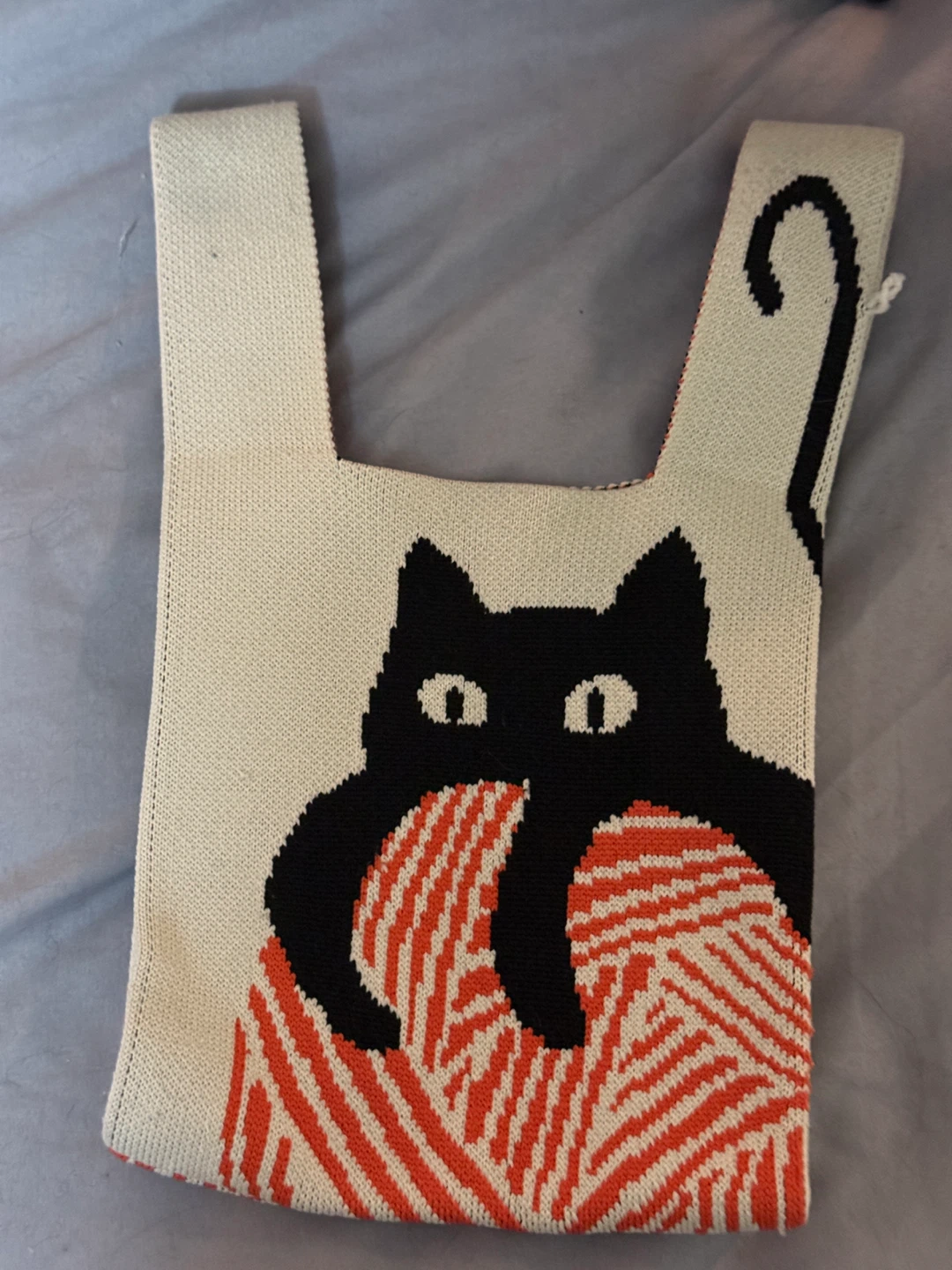 Knitted Tote Bag with Black Cat Design