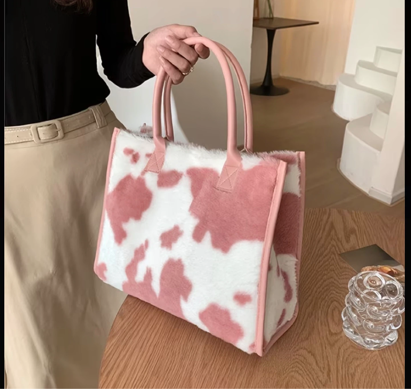 Pink Cow Print Fuzzy Tote Bag