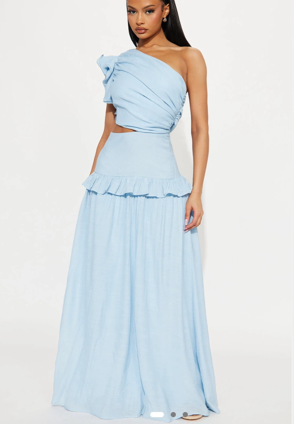 Light Blue Ruffle One-Shoulder Maxi Dress