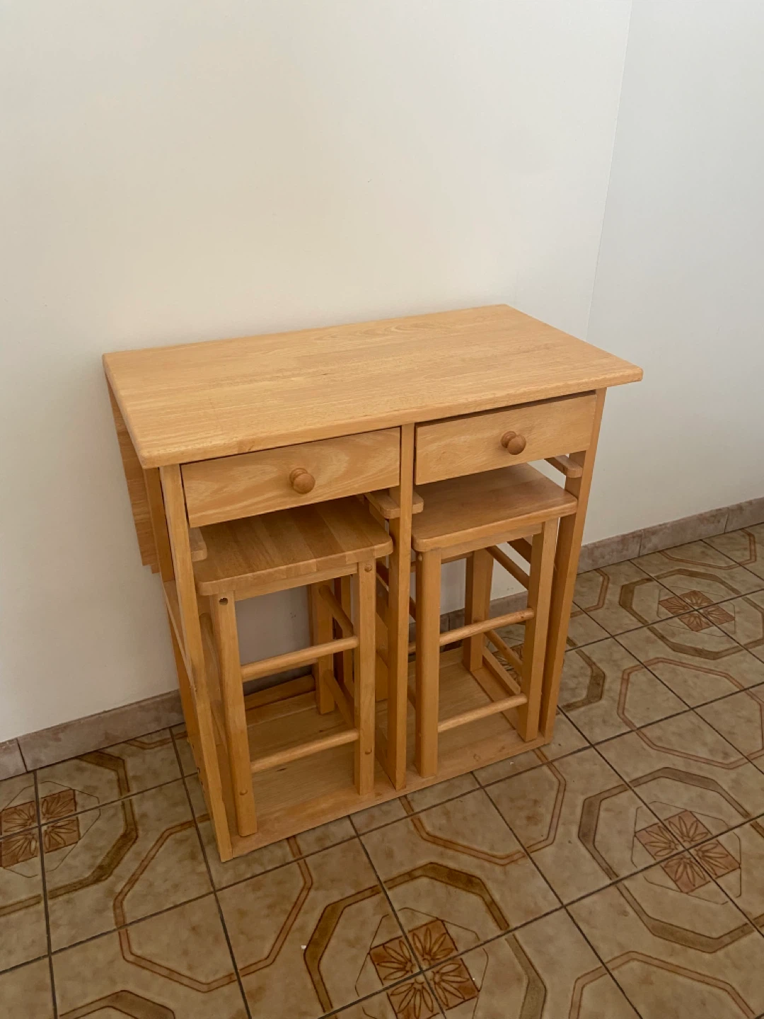 Compact Wooden Kitchen Island with Stools