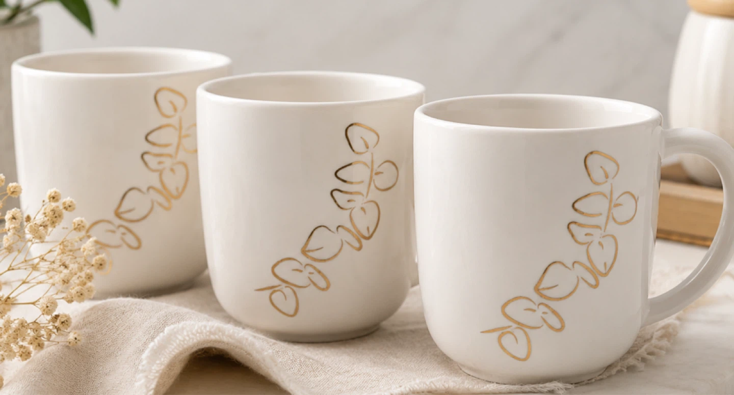 Brand: Fox home, Set of 3 White Mugs with Gold Leaf Design