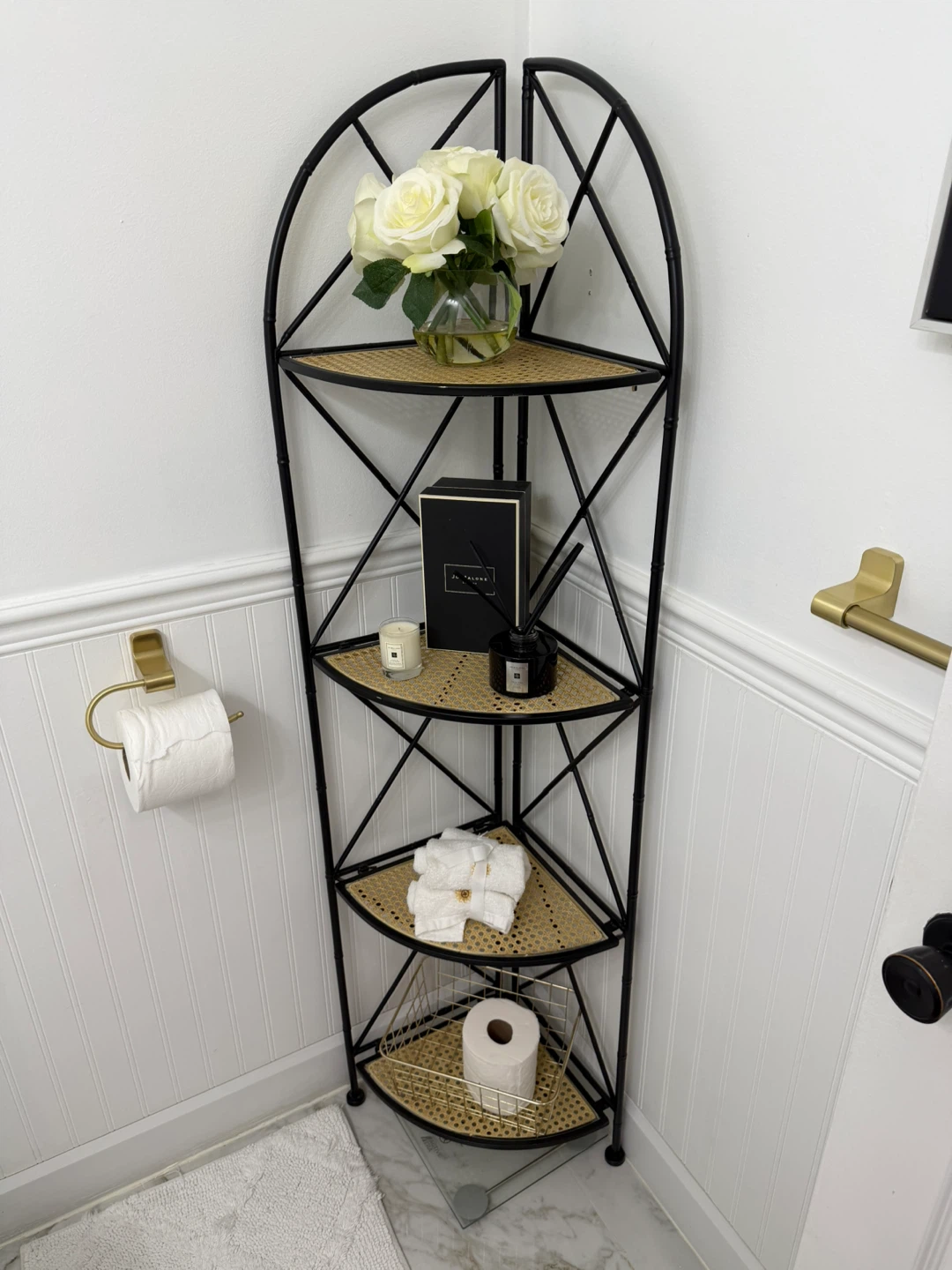 Black Metal Corner Shelf with Cane Shelves