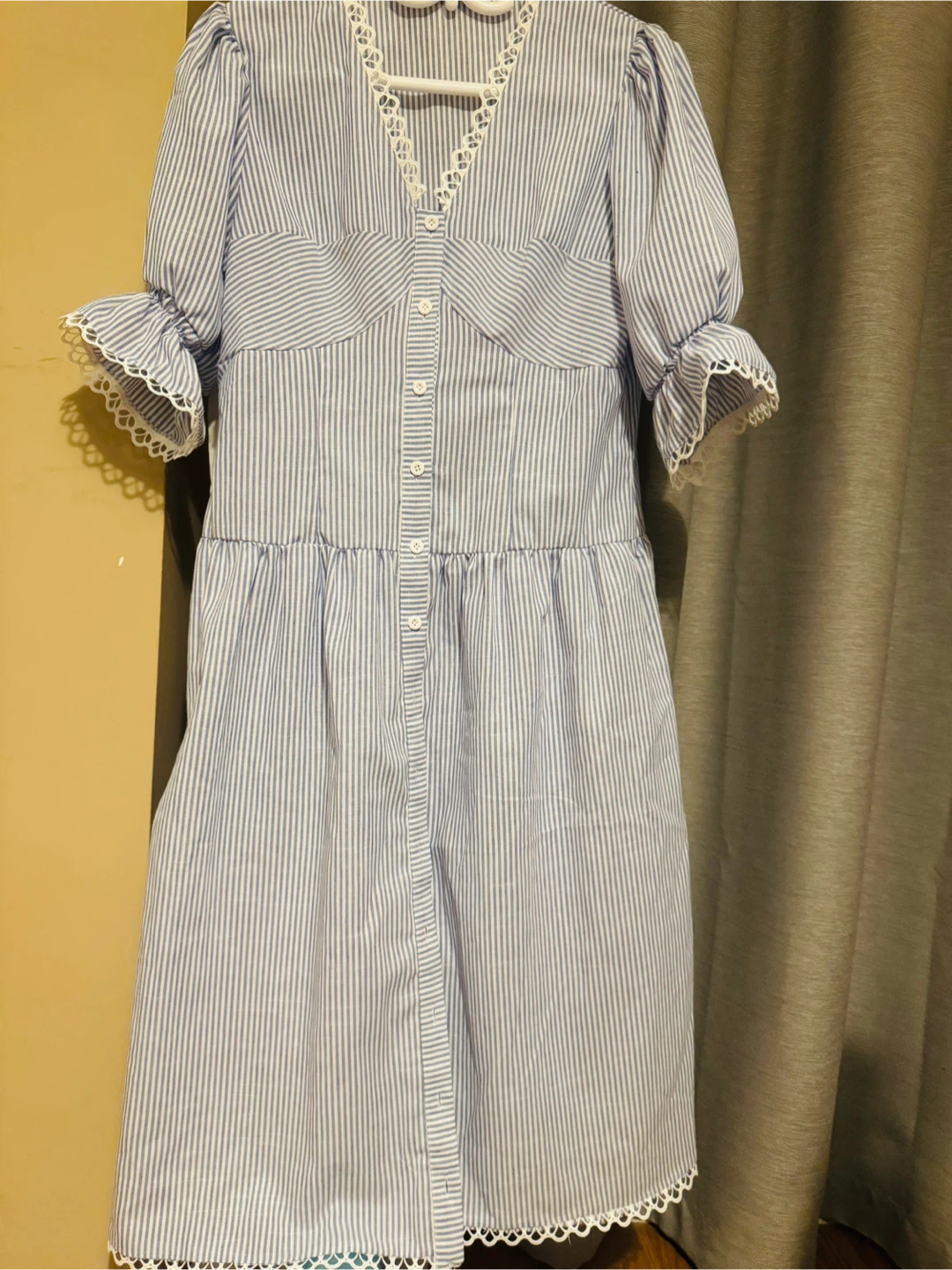 Blue and White Striped Button-Up Midi Dress