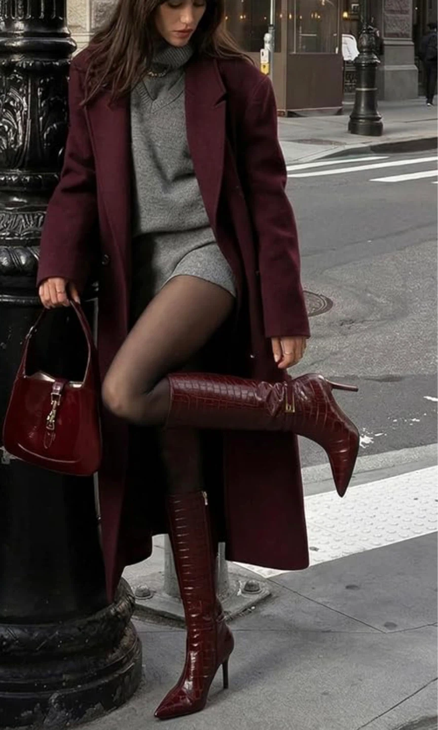 Women's Burgundy Croc Embossed Knee-High Heels - photo 2