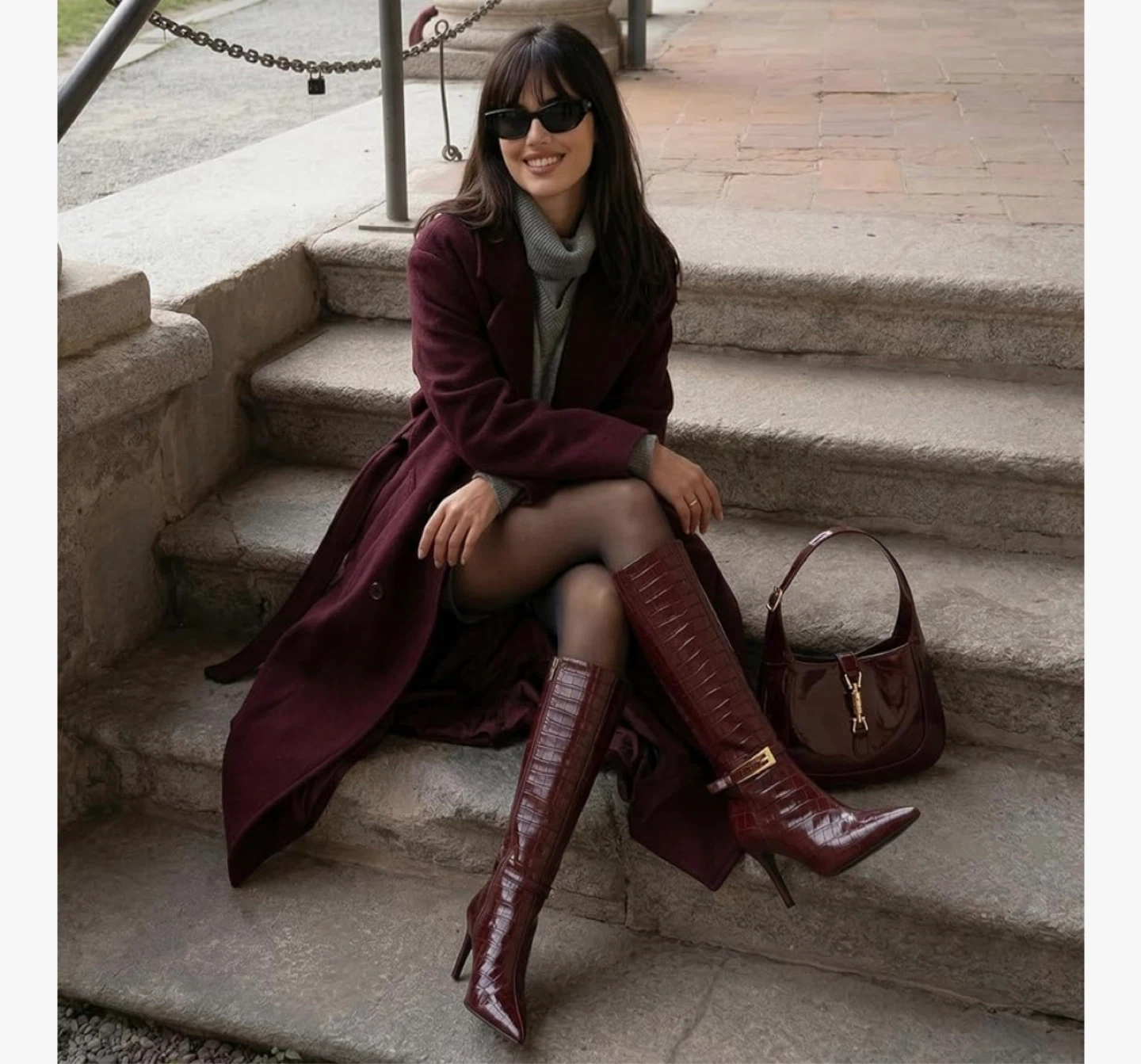 Women's Burgundy Croc Embossed Knee-High Heels - photo 3