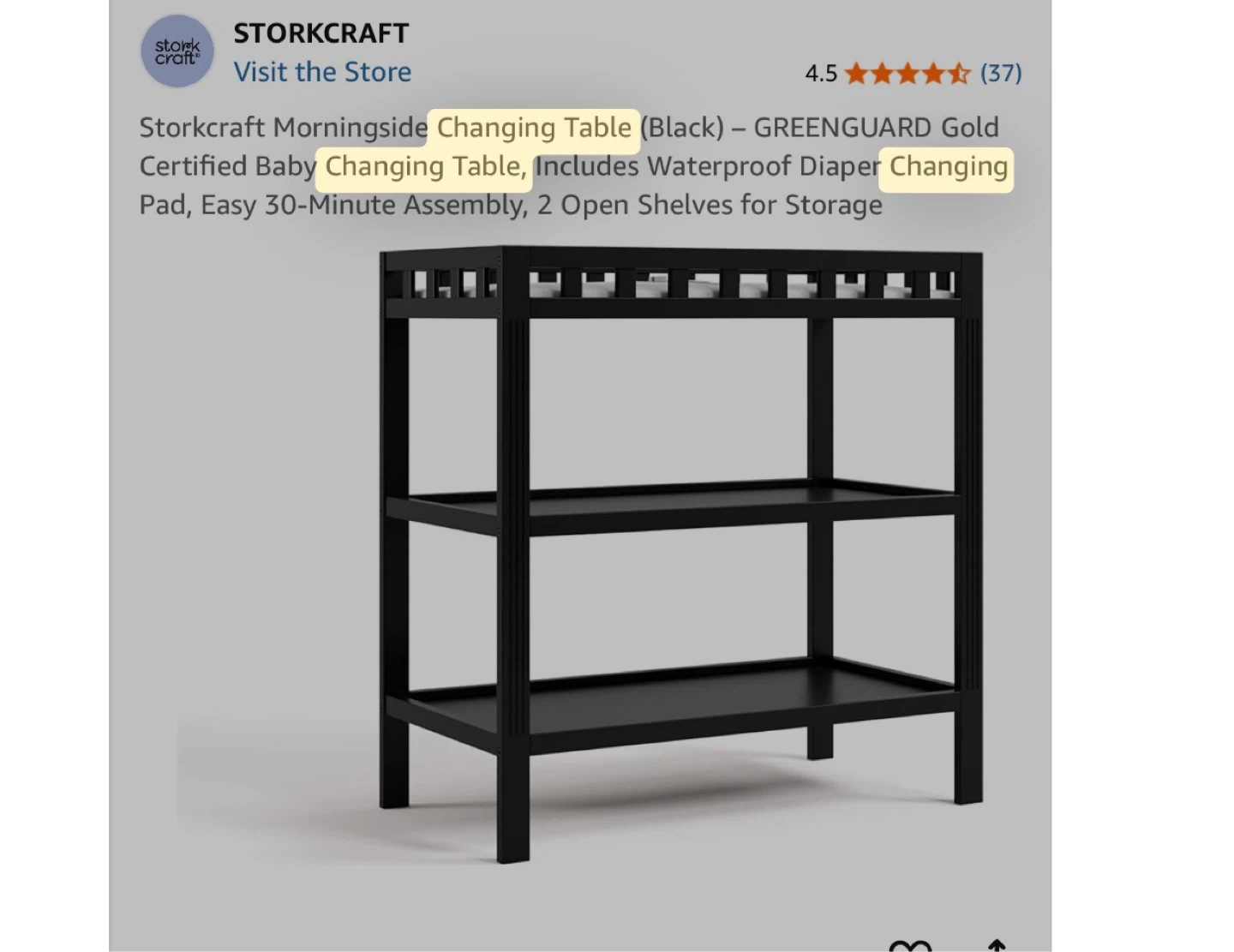 Storkcraft Morningside Black Changing Table with Pad