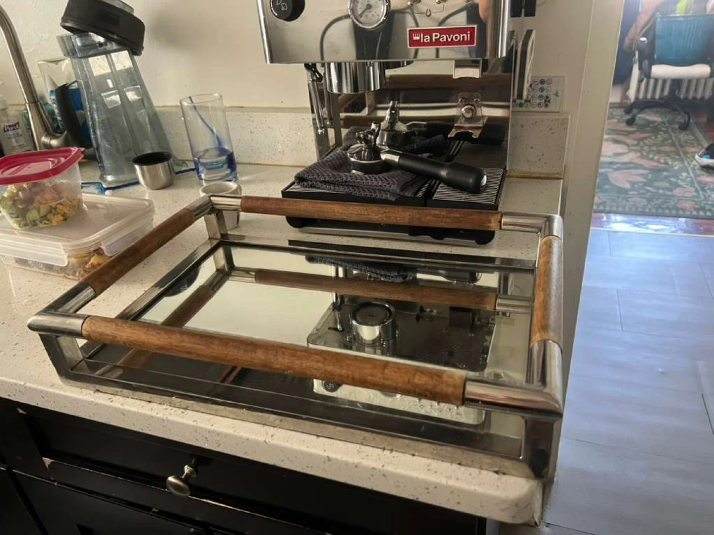 Vintage Mirrored Tray with Wood Handles - photo 2