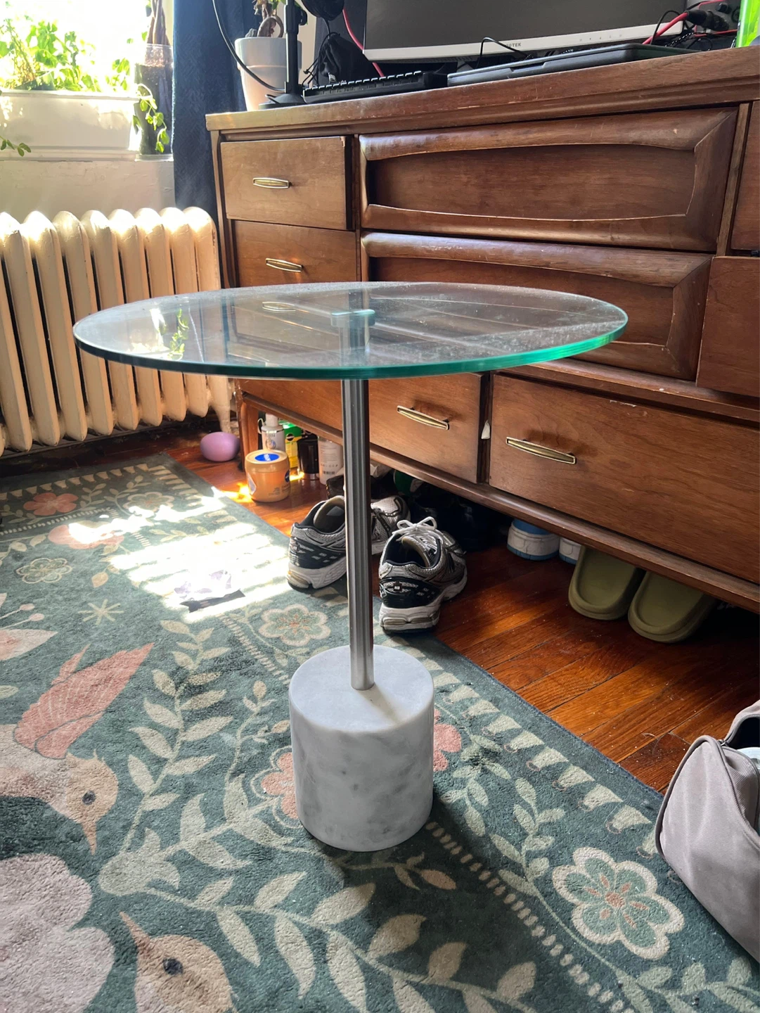 Glass Top Side Table with Marble Base