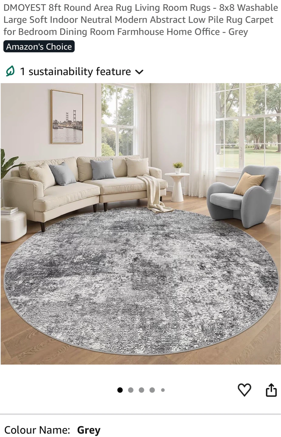 DMOYEST 8ft Round Area Rug - Grey R8F