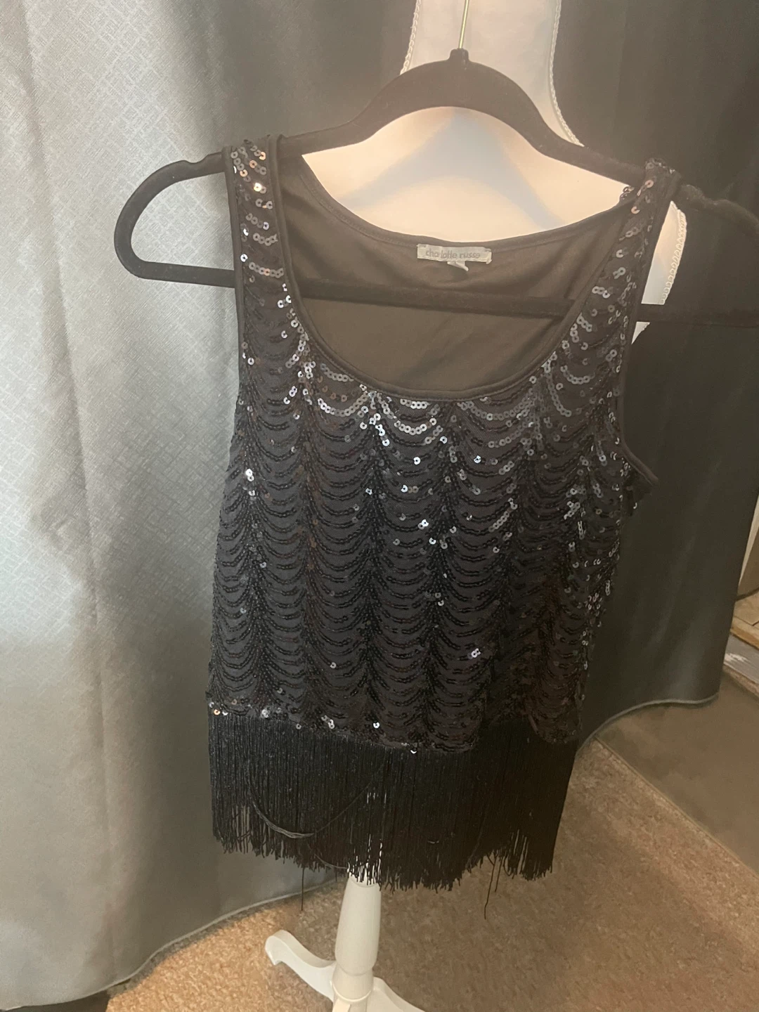 Charlotte Russe Black Sequin Fringe Tank Top - Size M