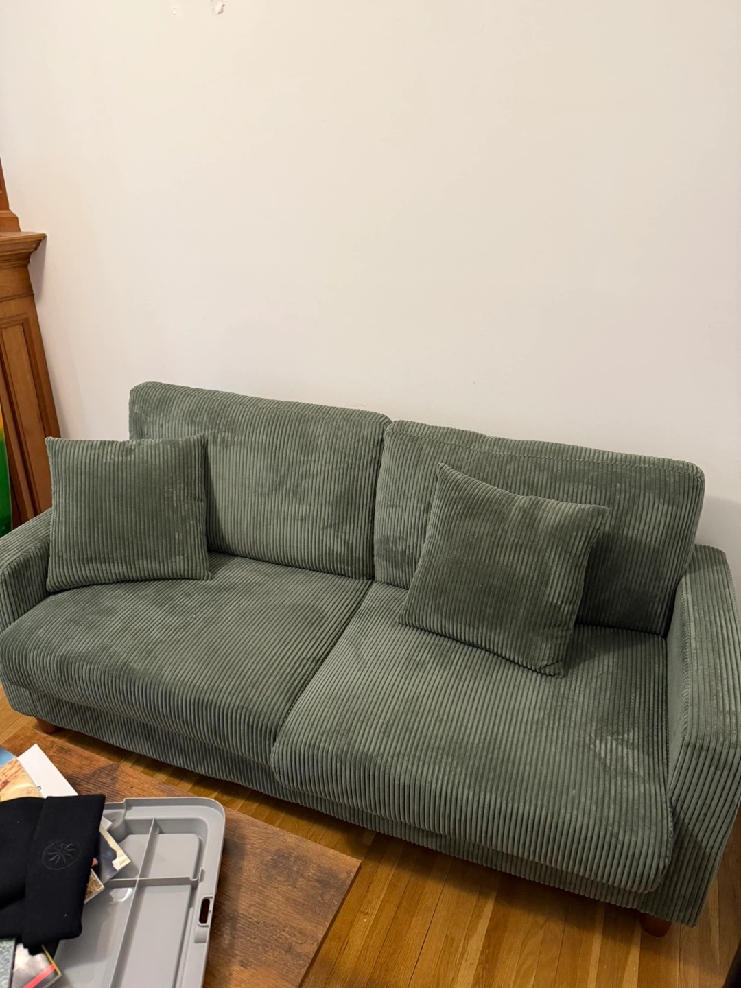 Green Corduroy Sofa with Pillows - photo 3
