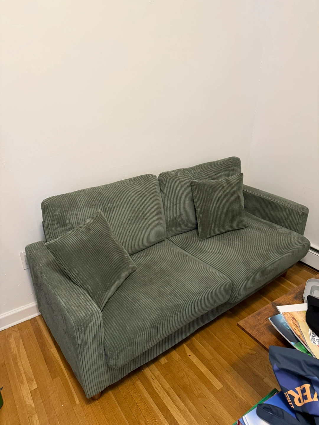 Green Corduroy Sofa with Pillows