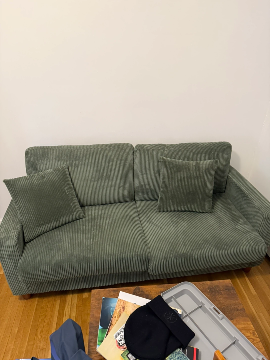 Green Corduroy Sofa with Pillows - photo 2
