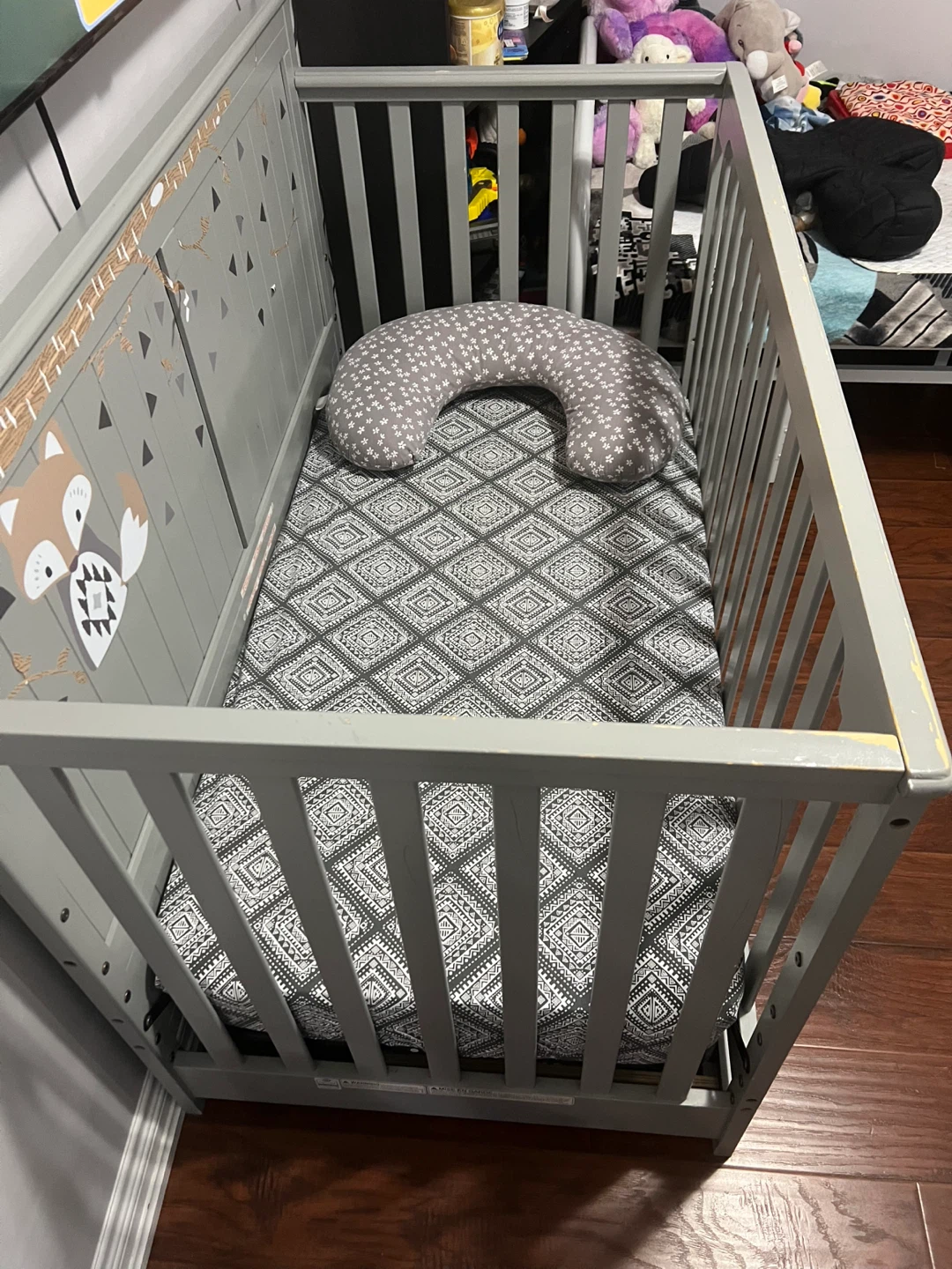 Grey Baby Crib with Fox Decal