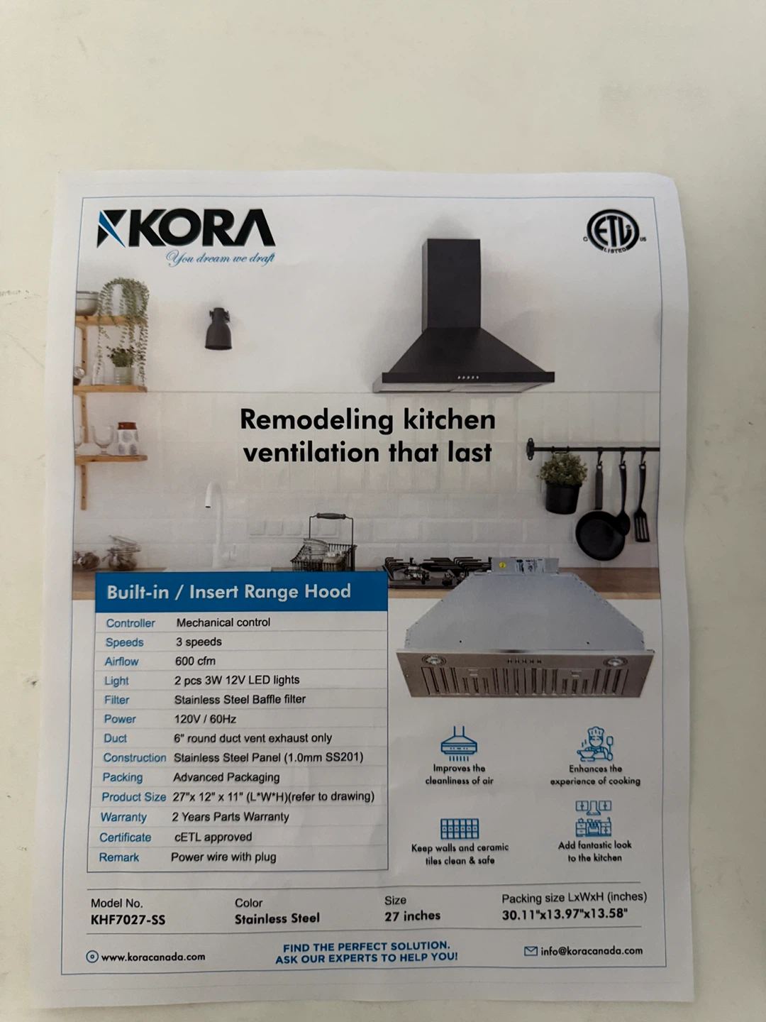 Kora KHF7027-SS Built-in Insert Range Hood - photo 3