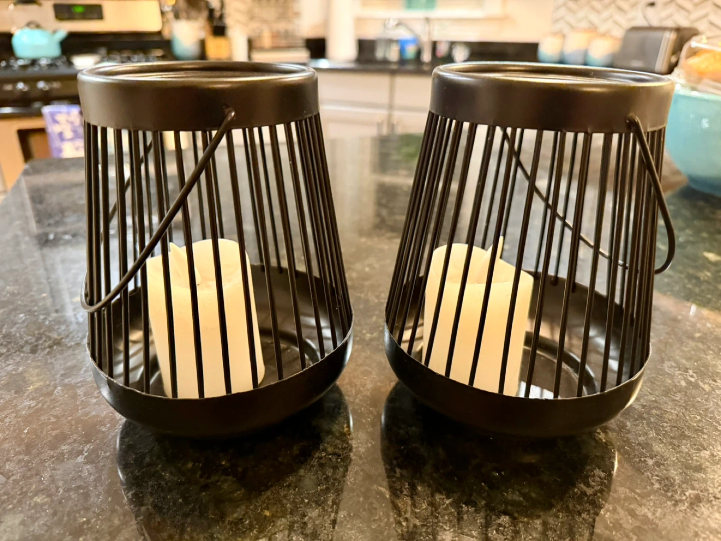 Set of 2 Black Metal Lanterns with Candles
