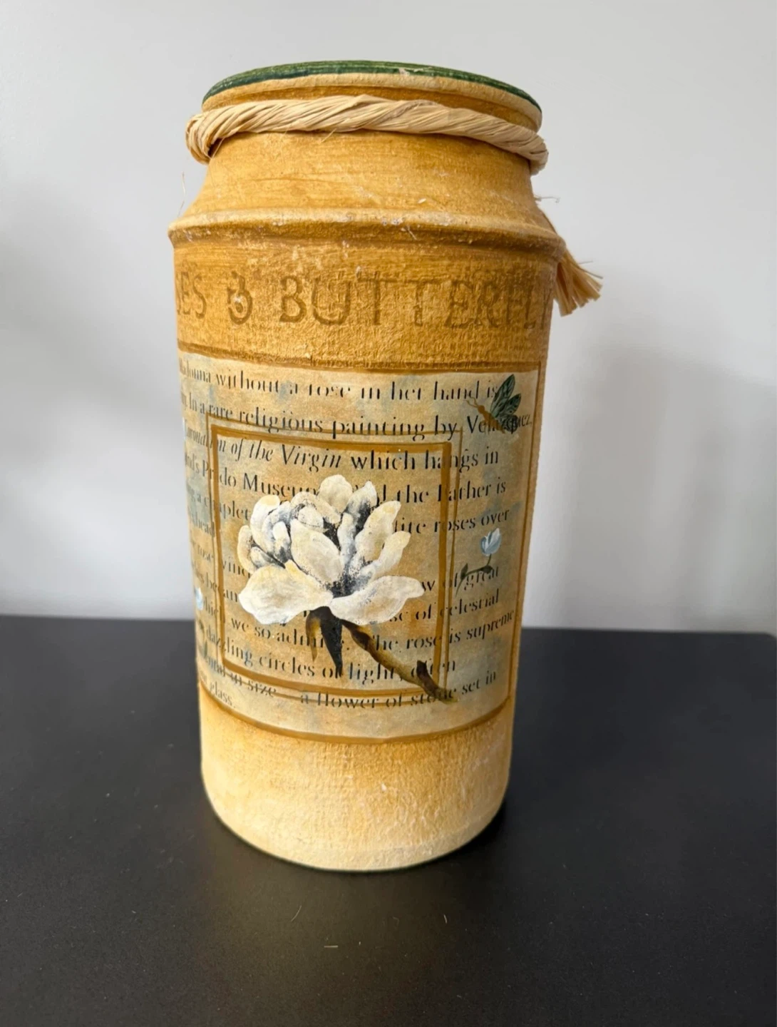 Decorative Ceramic Vase with Text and Flower Design