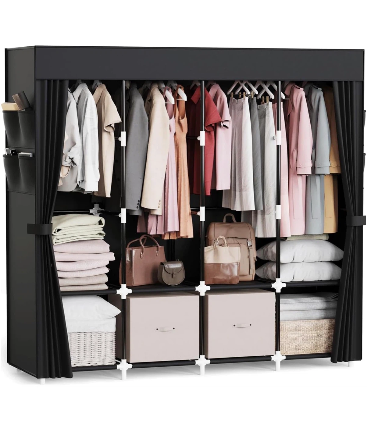 Black 12-Cube Fabric Wardrobe + Hanging Rod - Like New $40