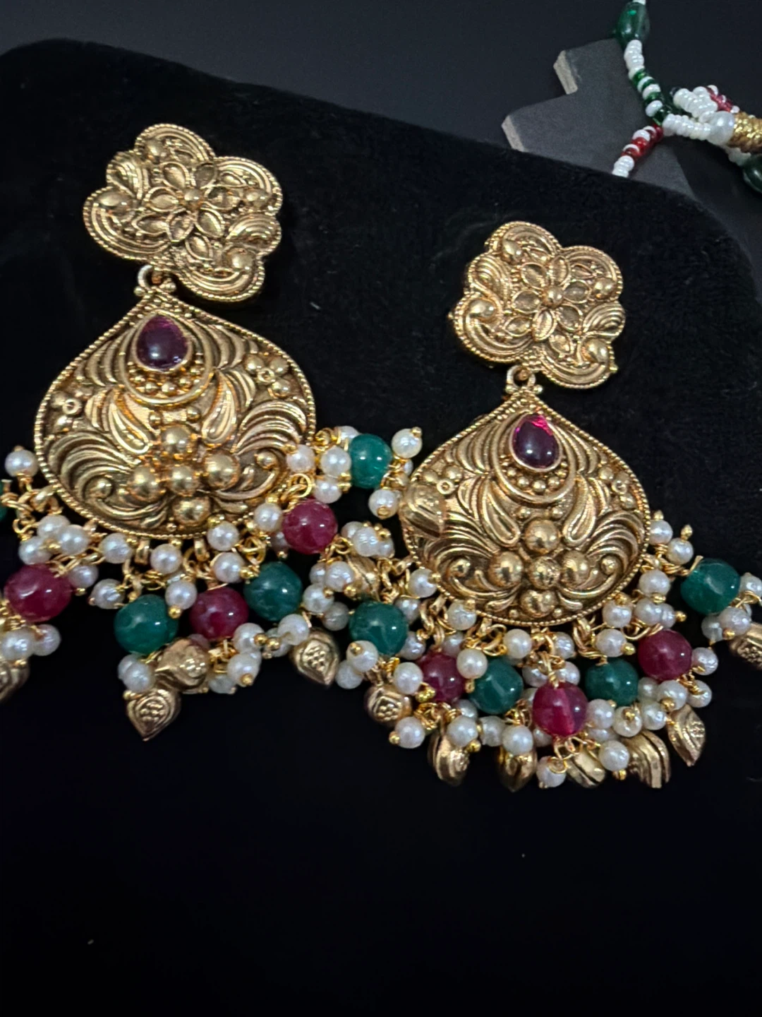 Gold-tone Dangle Earrings with Pearls and Gemstones