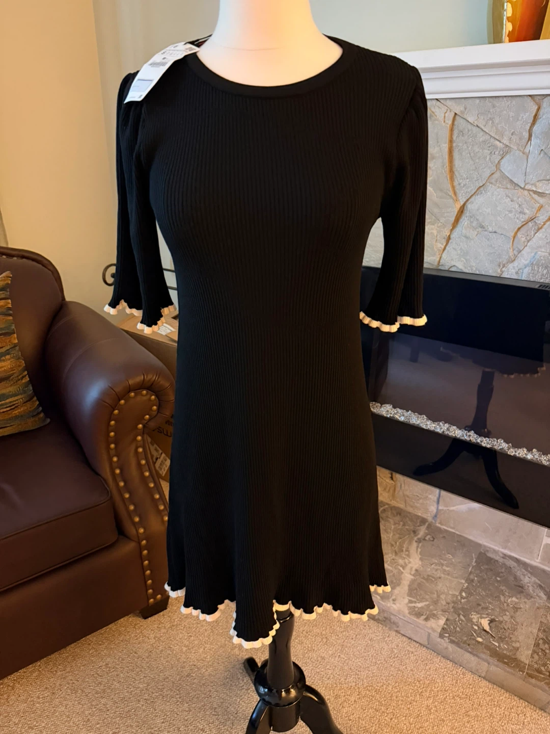 Zara Black Ribbed Mini Dress with White Trim