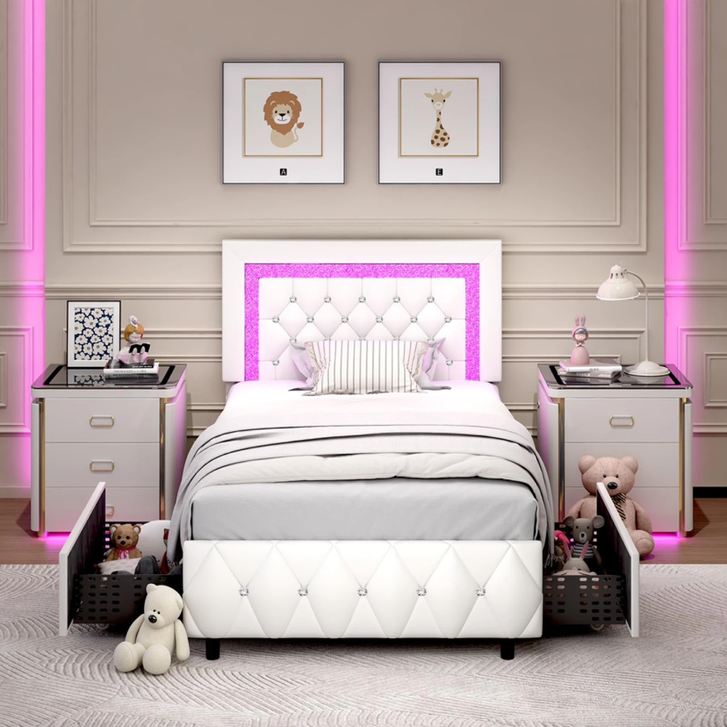 BarnFurin Twin Bed Frames with Storage Drawers and LED Lights