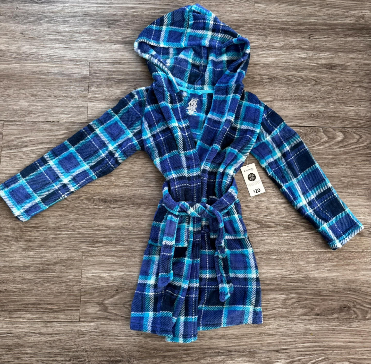 George Kids Plaid Fleece Hooded Robe Blue