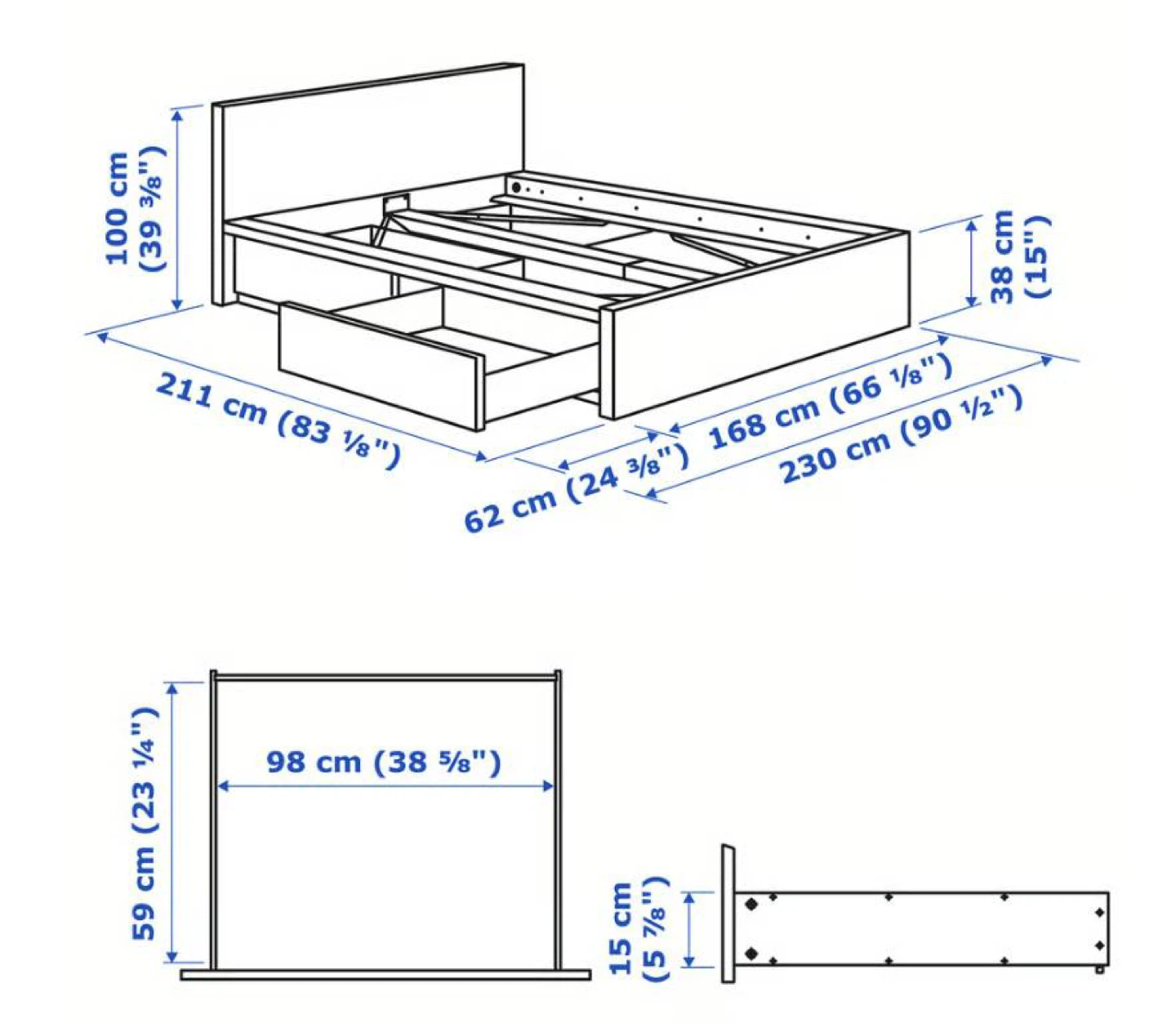 IKEA White Queen Size Malm bed frame + 2 Storage Drawers - photo 3
