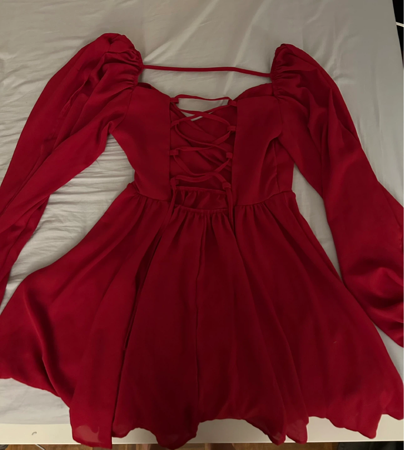 Red Long Sleeve Lace-Up Mini Dress - photo 2