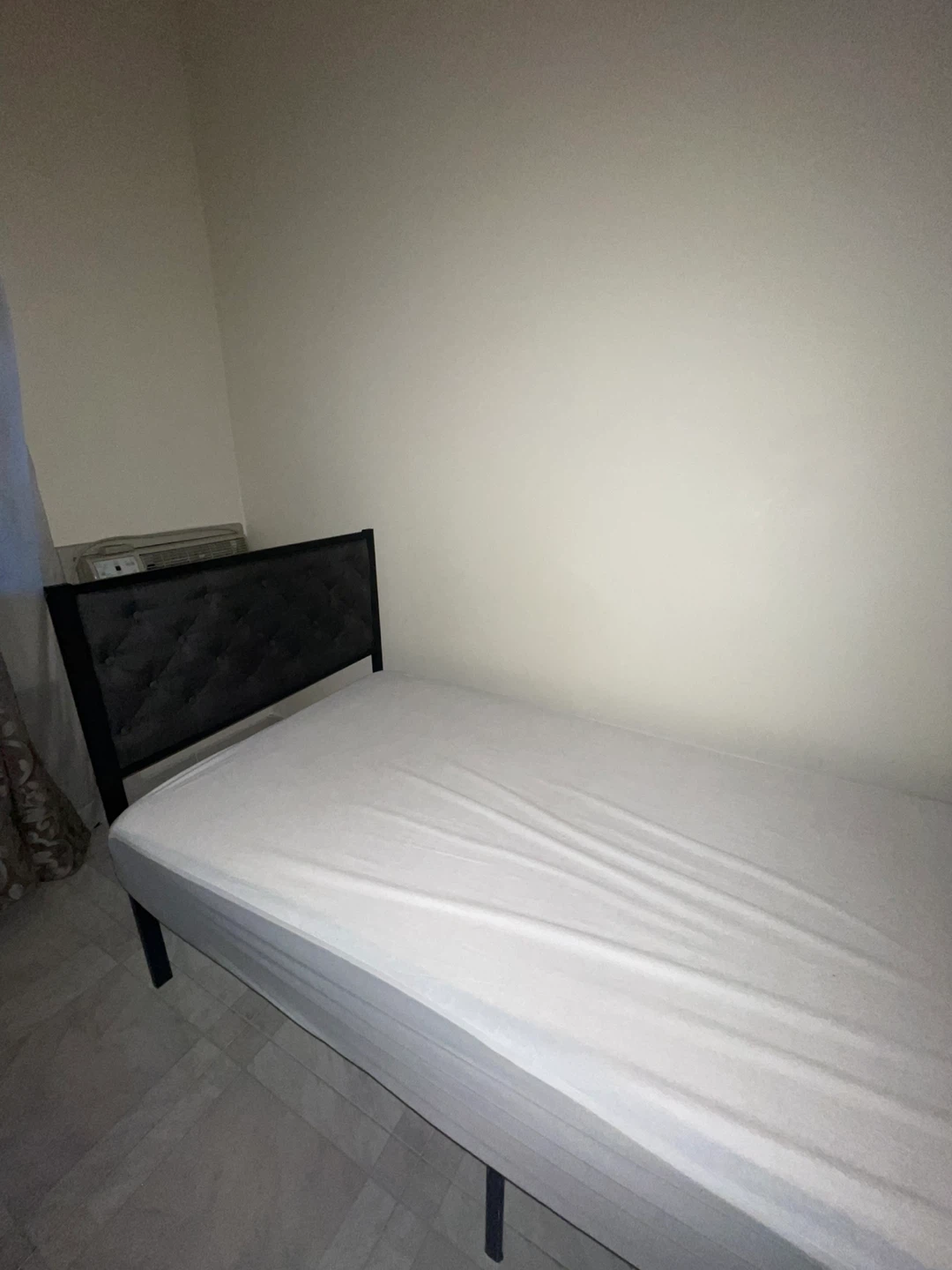 Black Metal Bed Frame with Upholstered Headboard