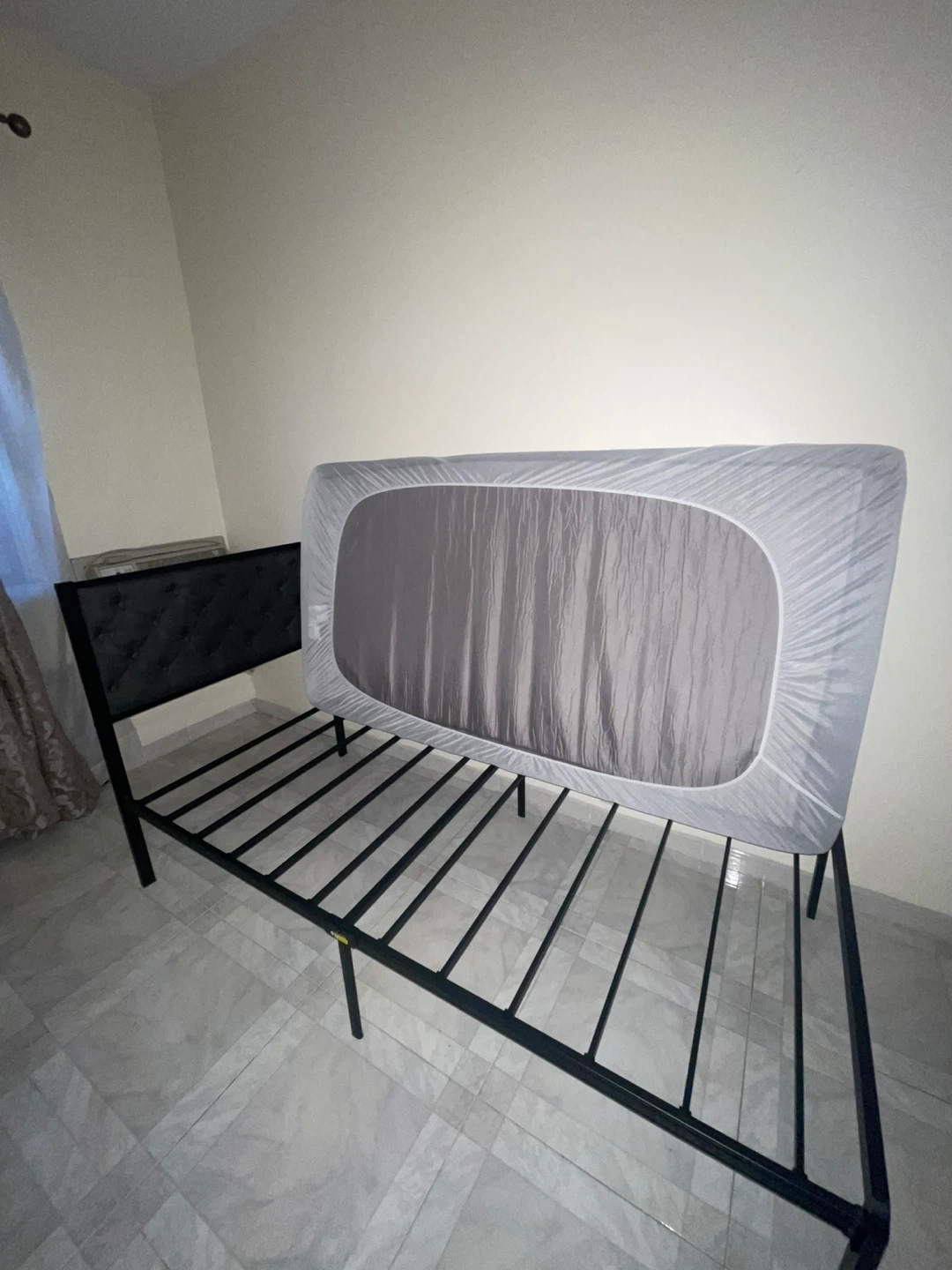 Black Metal Bed Frame with Upholstered Headboard - photo 2